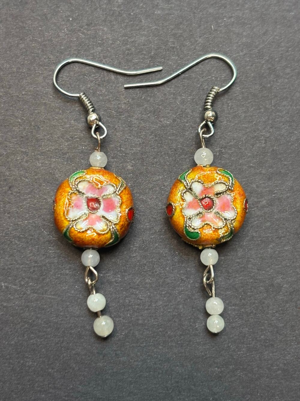 Orange Gold Cloisonne Dangle Earrings Floral Vibrant Delicate Boho